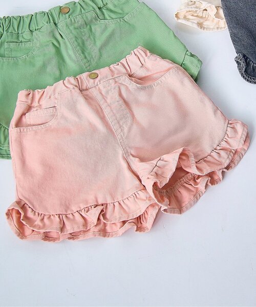 p.premier（ピードットプルミエ）の「カラーツイル&デニムラウンドヘムフリルショートパンツ（その他パンツ・キッズ・ブルー/アイボリー/チャコール/ミント/ピンク・80/90/100/110/120/130/140）」の5枚目の写真