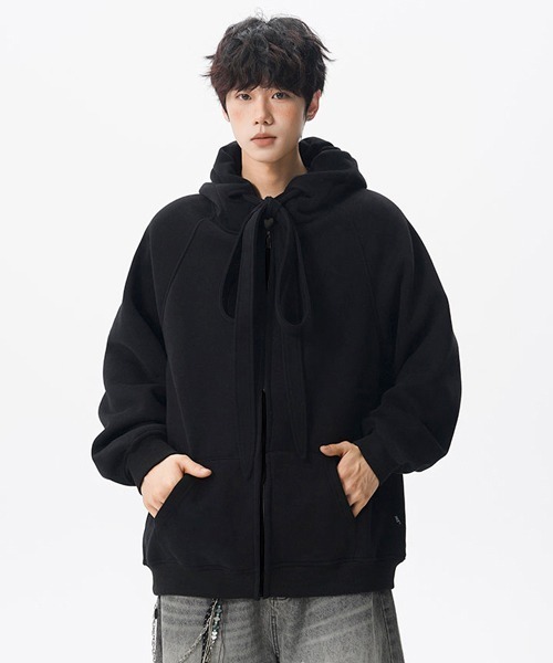 neos（ネオス）の「【neos】ユニセックス ビック ドローコード リボン ルーズ ジップ パーカー メンズ レディース（パーカー・メンズ・ブラック/グレー・MEDIUM/LARGE/X-LARGE）」の2枚目の写真