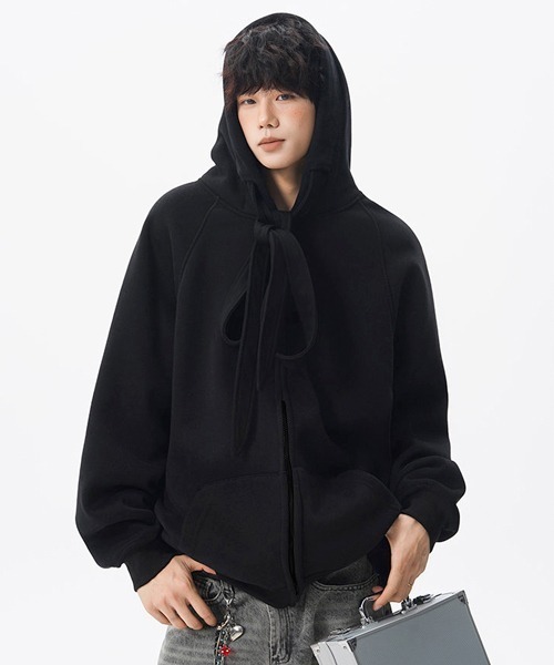 neos（ネオス）の「【neos】ユニセックス ビック ドローコード リボン ルーズ ジップ パーカー メンズ レディース（パーカー・メンズ・ブラック/グレー・MEDIUM/LARGE/X-LARGE）」の5枚目の写真