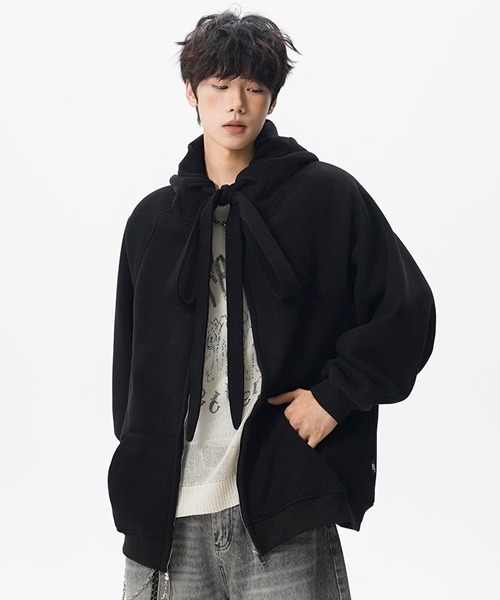 neos（ネオス）の「【neos】ユニセックス ビック ドローコード リボン ルーズ ジップ パーカー メンズ レディース（パーカー・メンズ・ブラック/グレー・MEDIUM/LARGE/X-LARGE）」の7枚目の写真