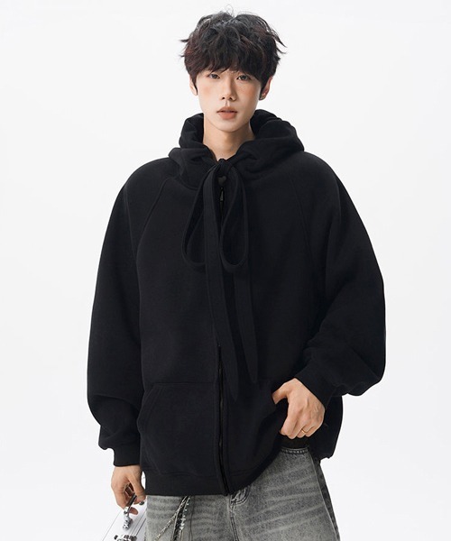 neos（ネオス）の「【neos】ユニセックス ビック ドローコード リボン ルーズ ジップ パーカー メンズ レディース（パーカー・メンズ・ブラック/グレー・MEDIUM/LARGE/X-LARGE）」の6枚目の写真