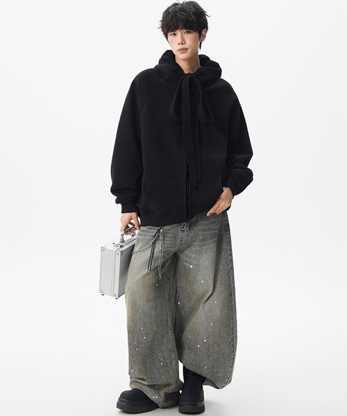 neos（ネオス）の「【neos】ユニセックス ビック ドローコード リボン ルーズ ジップ パーカー メンズ レディース（パーカー・メンズ・ブラック/グレー・MEDIUM/LARGE/X-LARGE）」の9枚目の写真