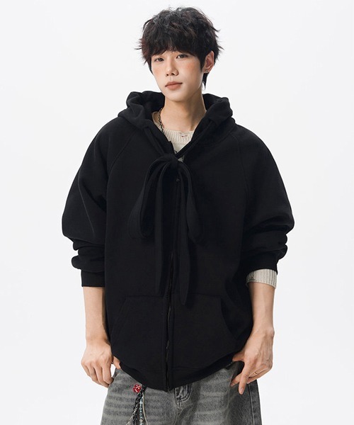 neos（ネオス）の「【neos】ユニセックス ビック ドローコード リボン ルーズ ジップ パーカー メンズ レディース（パーカー・メンズ・ブラック/グレー・MEDIUM/LARGE/X-LARGE）」の3枚目の写真