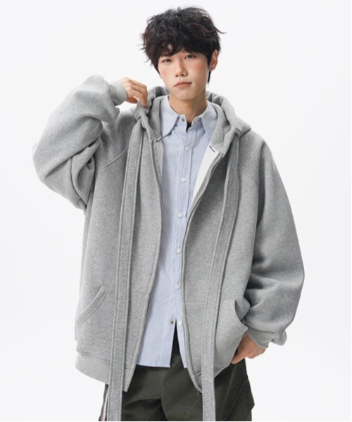 neos（ネオス）の「【neos】ユニセックス ビック ドローコード リボン ルーズ ジップ パーカー メンズ レディース（パーカー・メンズ・ブラック/グレー・MEDIUM/LARGE/X-LARGE）」の10枚目の写真