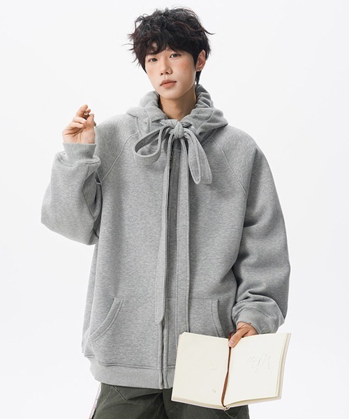 neos（ネオス）の「【neos】ユニセックス ビック ドローコード リボン ルーズ ジップ パーカー メンズ レディース（パーカー・メンズ・ブラック/グレー・MEDIUM/LARGE/X-LARGE）」の12枚目の写真