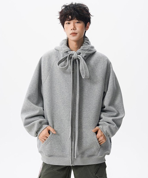 neos（ネオス）の「【neos】ユニセックス ビック ドローコード リボン ルーズ ジップ パーカー メンズ レディース（パーカー・メンズ・ブラック/グレー・MEDIUM/LARGE/X-LARGE）」の13枚目の写真