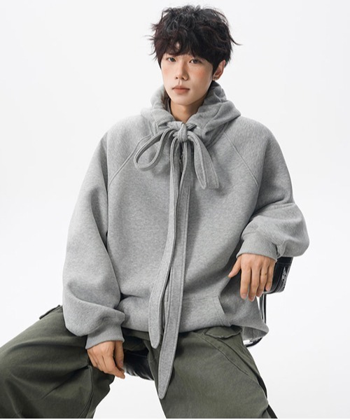 neos（ネオス）の「【neos】ユニセックス ビック ドローコード リボン ルーズ ジップ パーカー メンズ レディース（パーカー・メンズ・ブラック/グレー・MEDIUM/LARGE/X-LARGE）」の14枚目の写真