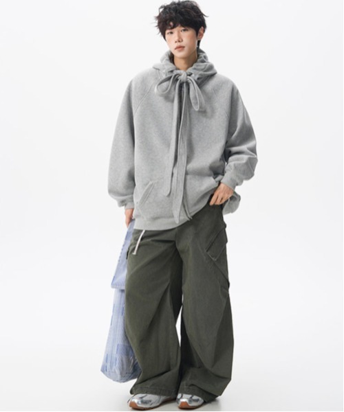 neos（ネオス）の「【neos】ユニセックス ビック ドローコード リボン ルーズ ジップ パーカー メンズ レディース（パーカー・メンズ・ブラック/グレー・MEDIUM/LARGE/X-LARGE）」の16枚目の写真