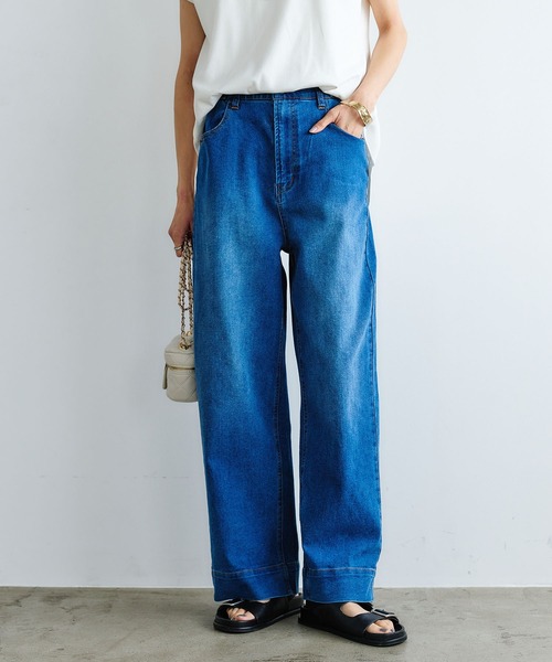 CROSS FUNCTION（クロスファンクション）の「《ストレッチ》エブ楽 ワイドボックスストレッチデニムパンツ【CROSS FUNCTION/クロスファンクション】（デニムパンツ・レディース・ブラック/ネイビー/ブルー/ブルー系その他・M/L/LL/AM/AL/ALL）」の4枚目の写真