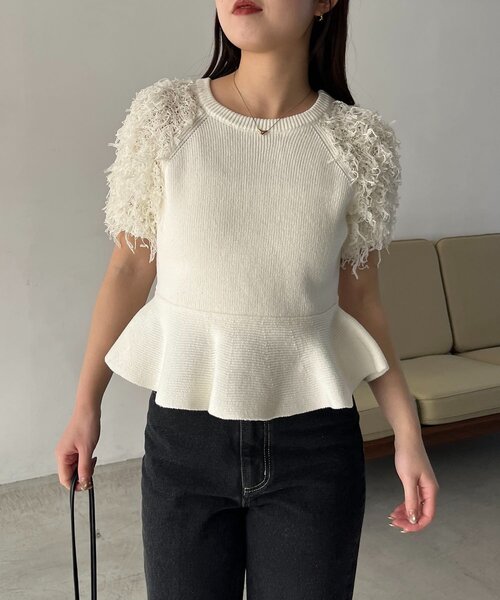 CAPRICIEUX LE'MAGE（カプリシューレマージュ）の「フリンジペプラムニット（ニット/セーター・レディース・チャコールグレー/ベージュ/ホワイト・FREE）」の15枚目の写真