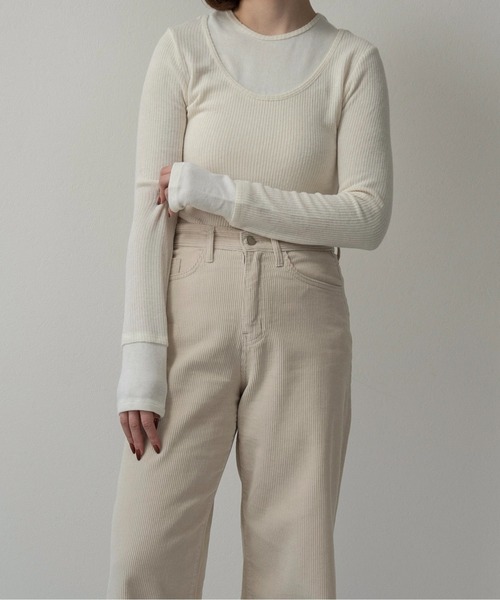 lawgy（ラウジー）の「crew neck like layered pattern tops / クルーネックライクレイヤードパターントップス（Tシャツ/カットソー・レディース・ライトブルー/ブラック/グレー/アイボリー・FREE）」の10枚目の写真