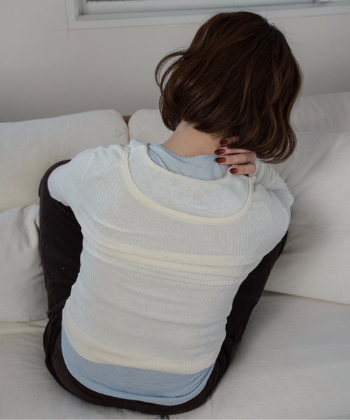lawgy（ラウジー）の「crew neck like layered pattern tops / クルーネックライクレイヤードパターントップス（Tシャツ/カットソー・レディース・ライトブルー/ブラック/グレー/アイボリー・FREE）」の16枚目の写真
