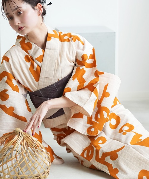 手染め注染浴衣3点セット utatane×注染工房 先染めベージュ 陽だまりの