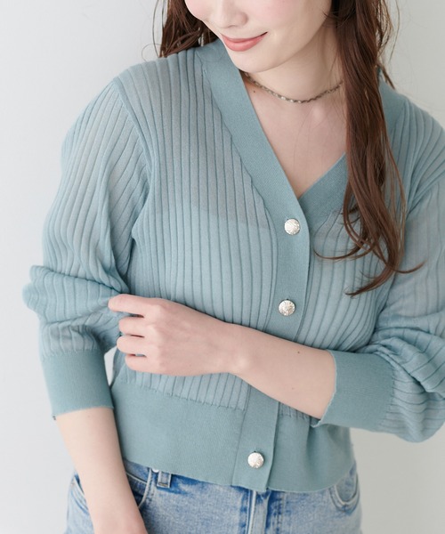 natural couture（ナチュラルクチュール）の「リブシアーニットカーディガン（カーディガン/ボレロ・レディース・ネイビー/ブラック/サックスブルー/グレイッシュベージュ/オフホワイト/ピンク・FREE）」の6枚目の写真