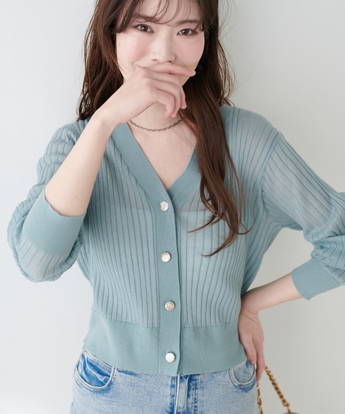 【モスグリーン】【セットアップ対応】シアー格子リブニットカーディガン 田中亜希子さんコラボ ]選べる2タイプUVカットセミシアーニット