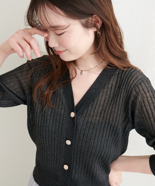 natural couture（ナチュラルクチュール）の「リブシアーニットカーディガン（カーディガン/ボレロ・レディース・ネイビー/ブラック/サックスブルー/グレイッシュベージュ/オフホワイト/ピンク・FREE）」の13枚目の写真