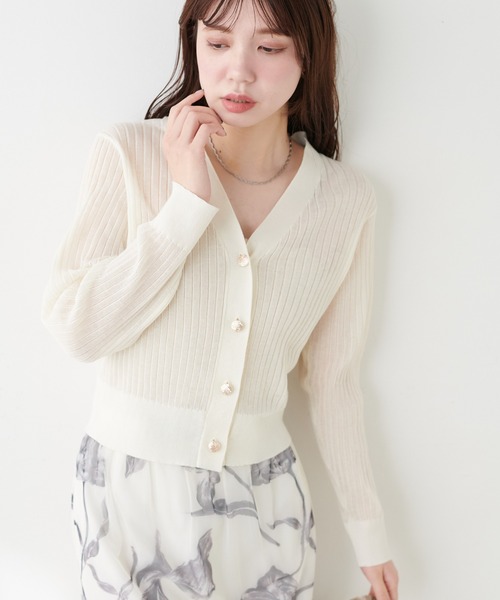 natural couture（ナチュラルクチュール）の「リブシアーニットカーディガン（カーディガン/ボレロ・レディース・ネイビー/ブラック/サックスブルー/グレイッシュベージュ/オフホワイト/ピンク・FREE）」の8枚目の写真