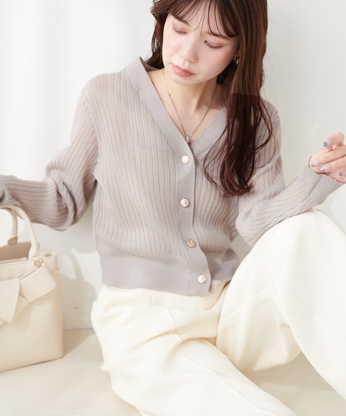 natural couture（ナチュラルクチュール）の「リブシアーニットカーディガン（カーディガン/ボレロ・レディース・ネイビー/ブラック/サックスブルー/グレイッシュベージュ/オフホワイト/ピンク・FREE）」の18枚目の写真
