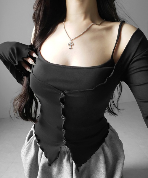 me+em select(ミームセレクト)の「【 2点セット 】レイヤードメロースリムカーディガン&キャミソール SET / layered mellow slim cardigan & camisole SET(アンサンブル・レディース・ホワイト/ブラック・FREE)」の2枚目の写真