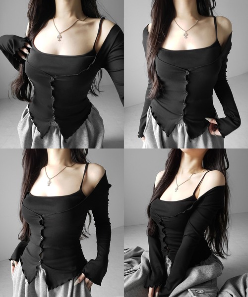 me+em select(ミームセレクト)の「【 2点セット 】レイヤードメロースリムカーディガン&キャミソール SET / layered mellow slim cardigan & camisole SET(アンサンブル・レディース・ホワイト/ブラック・FREE)」の4枚目の写真