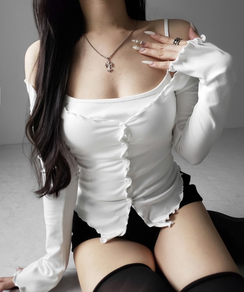 me+em select(ミームセレクト)の「【 2点セット 】レイヤードメロースリムカーディガン&キャミソール SET / layered mellow slim cardigan & camisole SET(アンサンブル・レディース・ホワイト/ブラック・FREE)」の10枚目の写真