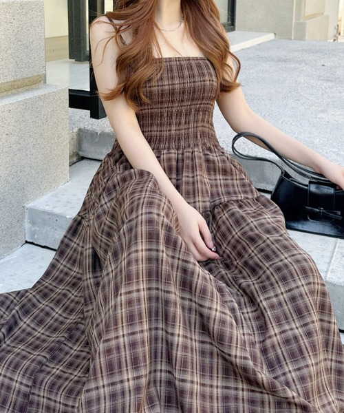 Ada.(エイダ)の「チェック柄 切替 ギャザー キャミ ロング ワンピース(ワンピース・レディース・ブラウン/レッド/ブラック・FREE)」の10枚目の写真
