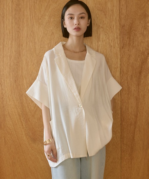 hunch(ハンチ)の「ワッシャーサテン 半袖シャツジャケット(テーラードジャケット・レディース・ライトカーキ/ブラック/アイボリー・FREE)」の14枚目の写真