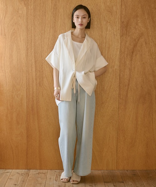 hunch(ハンチ)の「ワッシャーサテン 半袖シャツジャケット(テーラードジャケット・レディース・ライトカーキ/ブラック/アイボリー・FREE)」の15枚目の写真