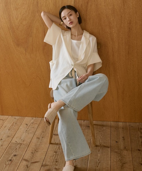 hunch(ハンチ)の「ワッシャーサテン 半袖シャツジャケット(テーラードジャケット・レディース・ライトカーキ/ブラック/アイボリー・FREE)」の16枚目の写真