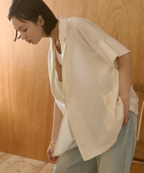 hunch(ハンチ)の「ワッシャーサテン 半袖シャツジャケット(テーラードジャケット・レディース・ライトカーキ/ブラック/アイボリー・FREE)」の17枚目の写真