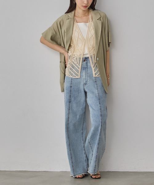 hunch(ハンチ)の「ワッシャーサテン 半袖シャツジャケット(テーラードジャケット・レディース・ライトカーキ/ブラック/アイボリー・FREE)」の8枚目の写真