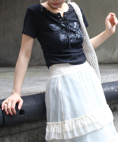 SpRay(スプレイ)の「テレコイーグルスタッズショートスリーブトップス(Tシャツ/カットソー・レディース・ブラウン/ホワイト/カーキ/ライトベージュ/ブラック/アイボリー/グレー・FREE)」の22枚目の写真