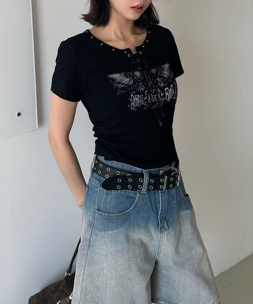 SpRay(スプレイ)の「テレコイーグルスタッズショートスリーブトップス(Tシャツ/カットソー・レディース・ブラウン/ホワイト/カーキ/ライトベージュ/ブラック/アイボリー/グレー・FREE)」の12枚目の写真