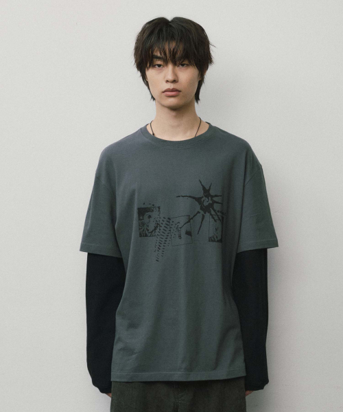 クルーネックレイヤードロングスリーブ_チャコールグレー（Tシャツ