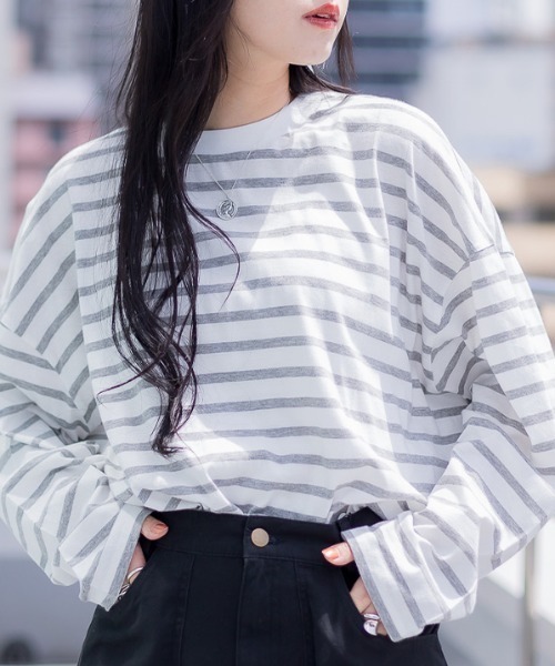 RCD（アールシーディー）の「BIGボーダーロングスリーブTシャツ（Tシャツ/カットソー・レディース・グレー×ホワイト/ブルー系その他5/ブラック×ホワイト・M-L/LL～3L）」の3枚目の写真