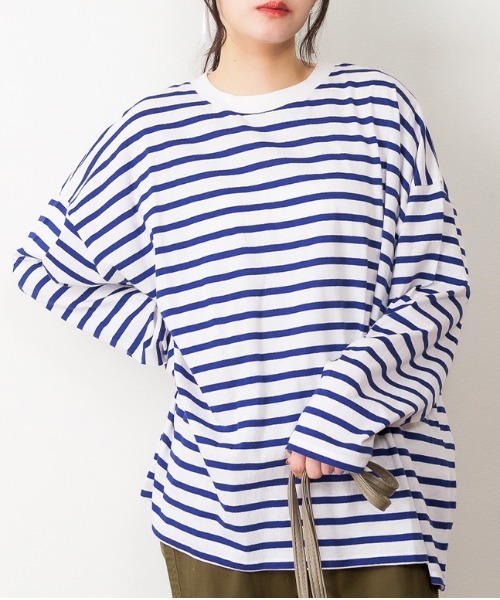 RCD（アールシーディー）の「BIGボーダーロングスリーブTシャツ（Tシャツ/カットソー・レディース・グレー×ホワイト/ブルー系その他5/ブラック×ホワイト・M-L/LL～3L）」の2枚目の写真