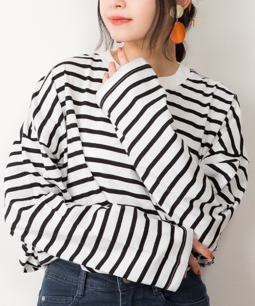 RCD（アールシーディー）の「BIGボーダーロングスリーブTシャツ（Tシャツ/カットソー・レディース・グレー×ホワイト/ブルー系その他5/ブラック×ホワイト・M-L/LL～3L）」の4枚目の写真