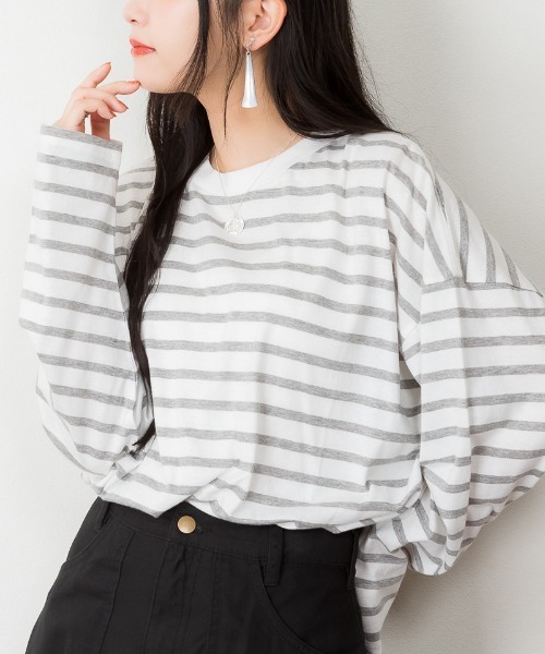 RCD（アールシーディー）の「BIGボーダーロングスリーブTシャツ（Tシャツ/カットソー・レディース・グレー×ホワイト/ブルー系その他5/ブラック×ホワイト・M-L/LL～3L）」の7枚目の写真