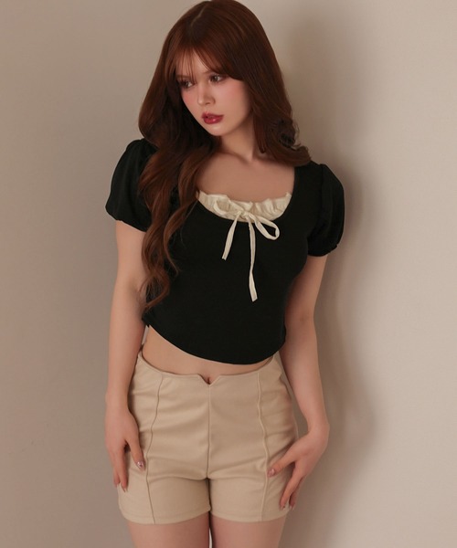 M DOLLY(エムドリー)の「Layered luna ribbon tops/レイヤードルナ リボントップス(Tシャツ/カットソー・レディース・ブラック/ホワイト・FREE)」の3枚目の写真