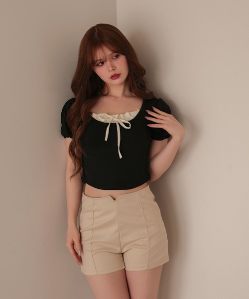 M DOLLY(エムドリー)の「Layered luna ribbon tops/レイヤードルナ リボントップス(Tシャツ/カットソー・レディース・ブラック/ホワイト・FREE)」の5枚目の写真