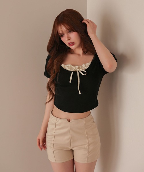M DOLLY(エムドリー)の「Layered luna ribbon tops/レイヤードルナ リボントップス(Tシャツ/カットソー・レディース・ブラック/ホワイト・FREE)」の6枚目の写真