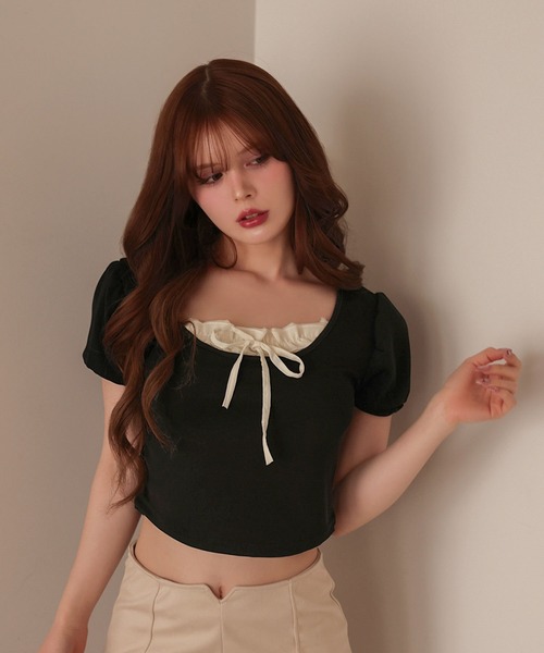 M DOLLY(エムドリー)の「Layered luna ribbon tops/レイヤードルナ リボントップス(Tシャツ/カットソー・レディース・ブラック/ホワイト・FREE)」の7枚目の写真