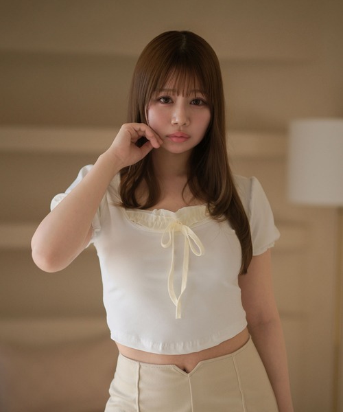 M DOLLY(エムドリー)の「Layered luna ribbon tops/レイヤードルナ リボントップス(Tシャツ/カットソー・レディース・ブラック/ホワイト・FREE)」の14枚目の写真