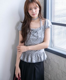 clear | チョーカー付きドット裾フリルカットソー［骨格ウェーブ/レース/ペプラム/フェミニン/ガーリー］(Tシャツ/カットソー)