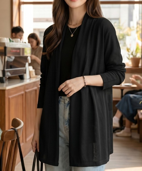 umune(ウムネ)の「トッパーカーディガン 長袖 ロング丈 縦ライン 落ち感 すっきり 華奢見え 細見え 薄手 ライトアウター コーディガン 羽織り 秋 冬(カーディガン/ボレロ・レディース・オフホワイト/モカ/ブラック・FREE)」の1枚目の写真