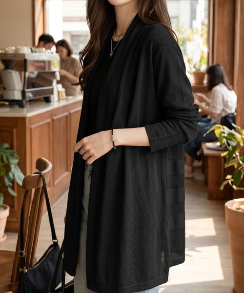 umune(ウムネ)の「トッパーカーディガン 長袖 ロング丈 縦ライン 落ち感 すっきり 華奢見え 細見え 薄手 ライトアウター コーディガン 羽織り 秋 冬(カーディガン/ボレロ・レディース・オフホワイト/モカ/ブラック・FREE)」の22枚目の写真