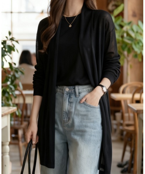 umune(ウムネ)の「トッパーカーディガン 長袖 ロング丈 縦ライン 落ち感 すっきり 華奢見え 細見え 薄手 ライトアウター コーディガン 羽織り 秋 冬(カーディガン/ボレロ・レディース・オフホワイト/モカ/ブラック・FREE)」の5枚目の写真