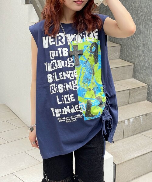 CIAOPANIC(チャオパニック)の「シャーリングBIGノースリーブTee(Tシャツ/カットソー・レディース・ホワイト系その他/ブルー/ホワイト/ブルー系その他・ONE SIZE)」の1枚目の写真