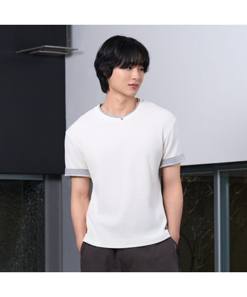 HYOJI(ヒョージ)の「26 SS セミクロップワッフル配色レイヤード半袖Tシャツ (3カラー)(Tシャツ/カットソー・メンズ・ブラック/グレー/ホワイト・M/L)」の2枚目の写真