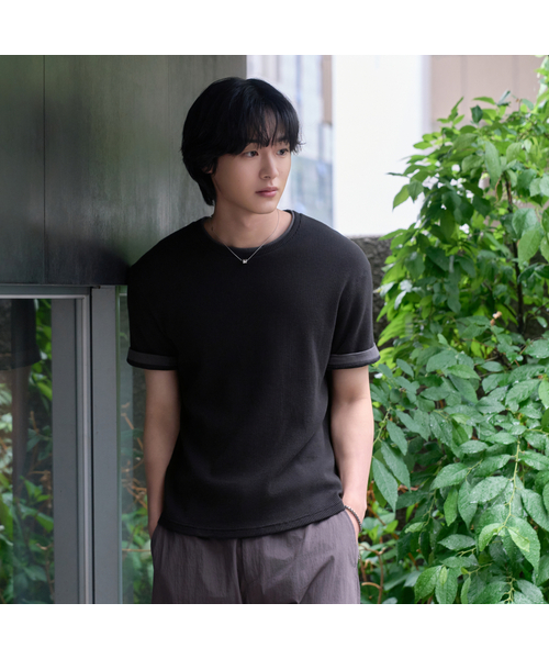 HYOJI(ヒョージ)の「26 SS セミクロップワッフル配色レイヤード半袖Tシャツ (3カラー)(Tシャツ/カットソー・メンズ・ブラック/グレー/ホワイト・M/L)」の1枚目の写真